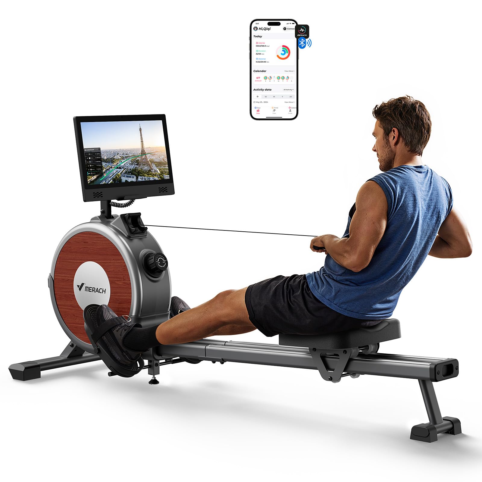 MERACH Home Rowing Machine, 16 Resistance Levels, Quiet Magnetic Rowing Machine, Connected via App, Improved Double Rails for More Stability, Easy Assembly (Grey)