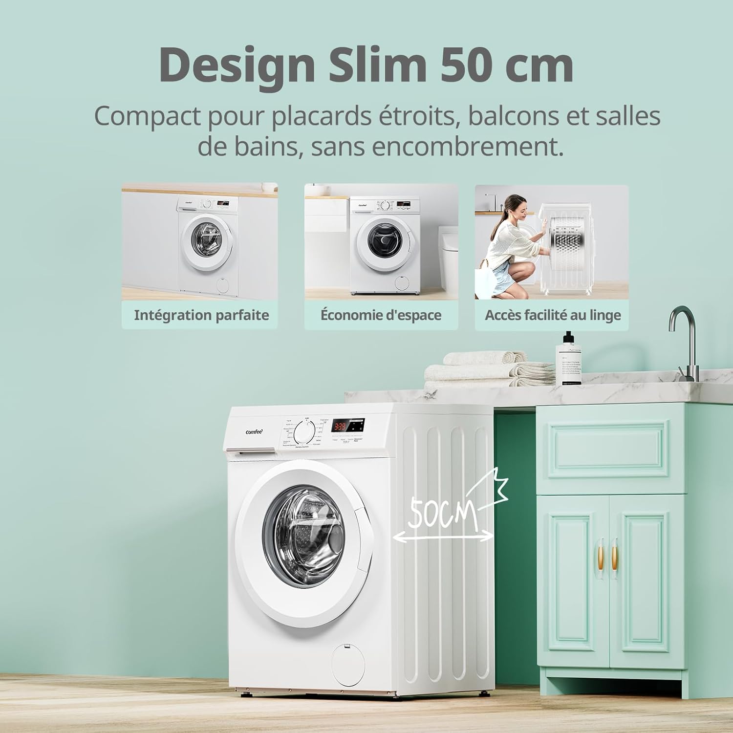 COMFEE ' CFE12EW90/W Front Washing Machine 9 kg, Energy Class A, BLDC Motor 1400 RPM, 15 Programs, Prewash, White [Energy Class A]