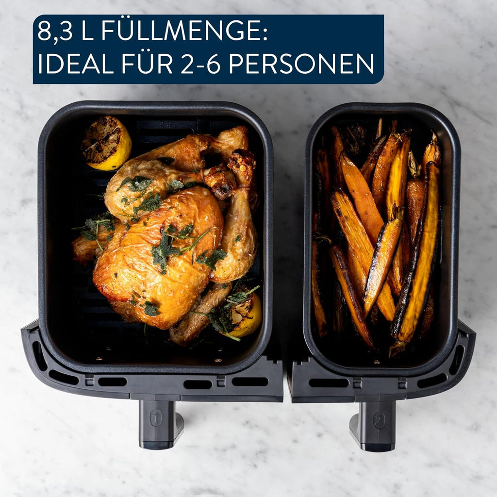Jamie Oliver by Tefal Dual Drawer Heißluftfritteuse 8,3 L – Airfryer mit 2 Kammern & Grillfunktion, 8 Programme, Sync-Modus für gleichzeitiges Garen, fettarm frittieren & energiesparend EY90JDE1
