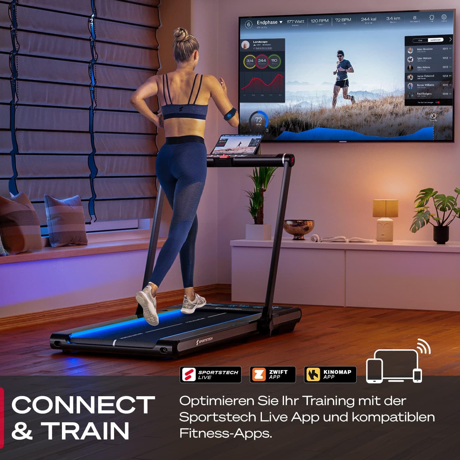 Sportstech Klappbares LED‑Laufband: Walking Pad mit Bluetooth‑App-i