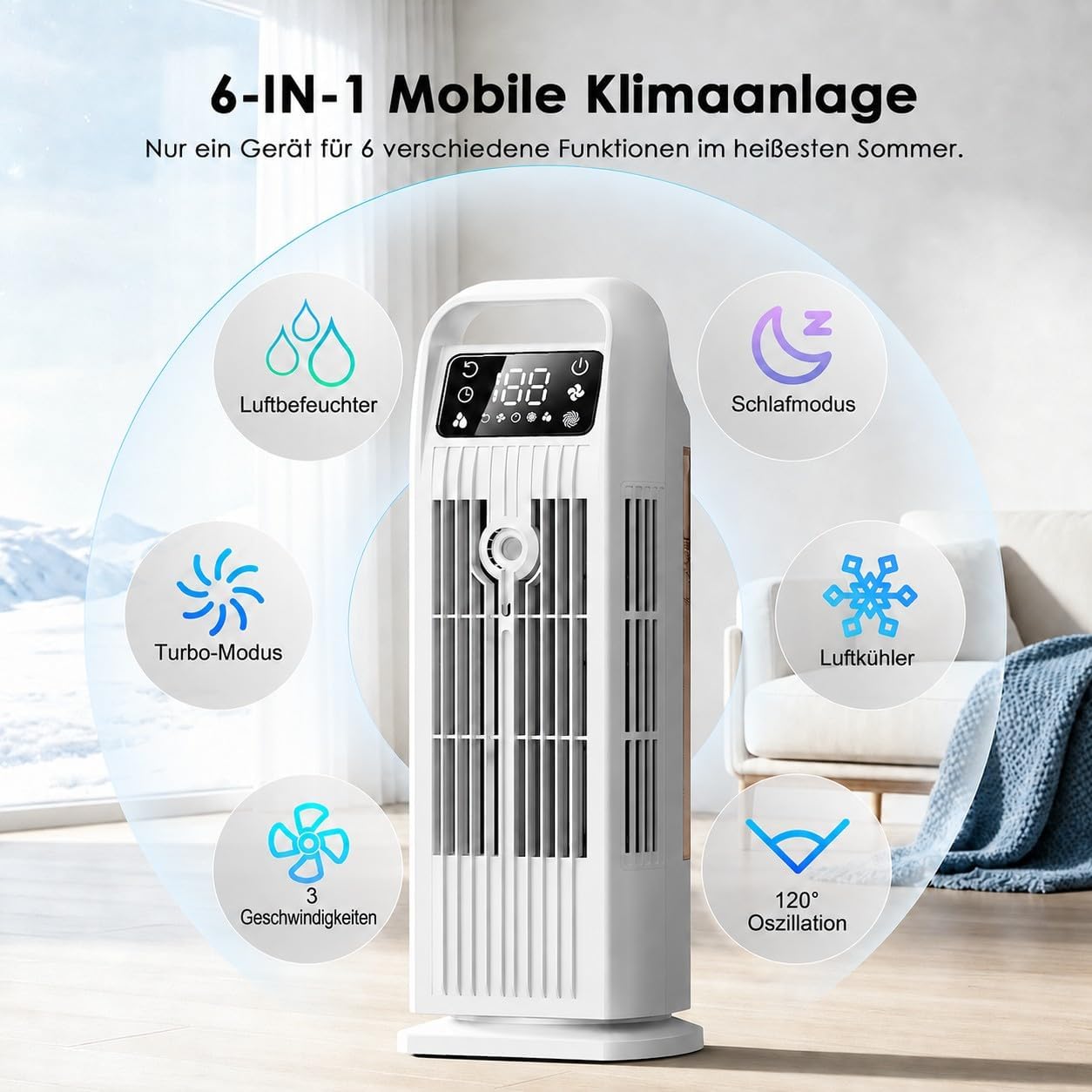 Mobile Air Conditioner without Exhaust Hose, 6-in-1, Air Cooler with Water Cooling & Humidifier, Air Cooler with 1200 ml Tank, 7 m/s Turbo, 36 W Quiet Mini Air Conditioner for Bedroom and Apartment