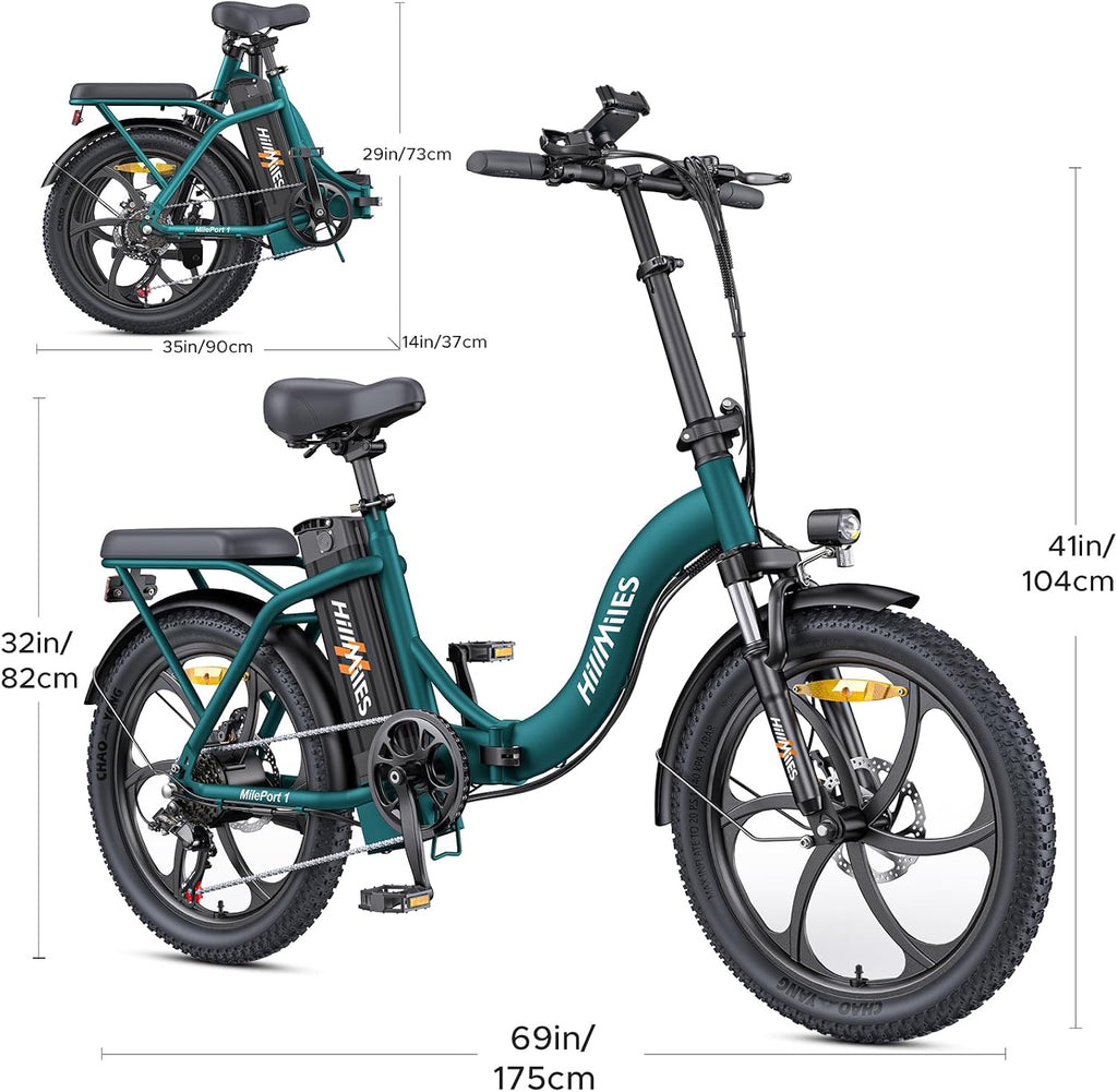 MilePort 1 Electric Bicycle for Adults, 250 W Folding Electric Bicycle with 36 V 13 Ah Removable Battery, Speed 25 km/h and Range 100 Km, 20 x 3.0 Inch Fat Tyres E-Bikes for City Commuters