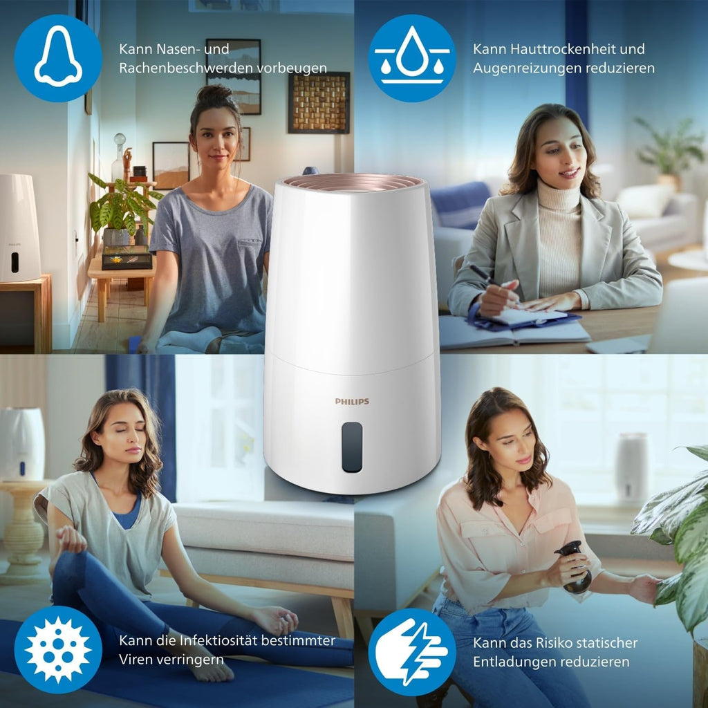 Philips Humidifier 3000 Series HU3916/10 (up to 45 m², hygienic NanoCloud technology, quiet night mode, automatic mode, 3 litre water tank) white