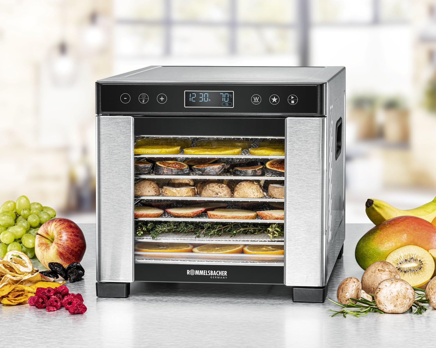 ROMMELSBACHER Dörrautomat DA 1000, XXL-Dörrfläche 1,6 m², inkl. 10 Edelstahl-Dörrtabletts, 2 Dörrgitter, 2 Dörrmatten, LED-Display, 24 Std. Zeitschaltuhr, Temperatur einstellbar (35 °C – 75 °C)o