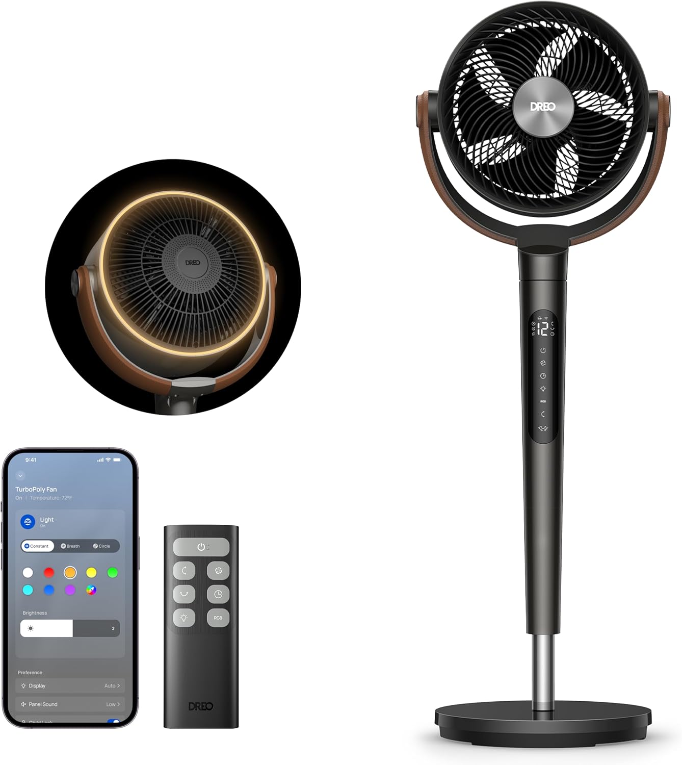 DREO 20dB Quiet Smart Floor Fan for Bedroom with RGB LED, 150° + 120° Oscillation, 30 m Air Circulation Fan and 2209 m³/h Air Volume, 12 Speeds, 6 Modes, 94-107 cm Height, WLAN & Alexa