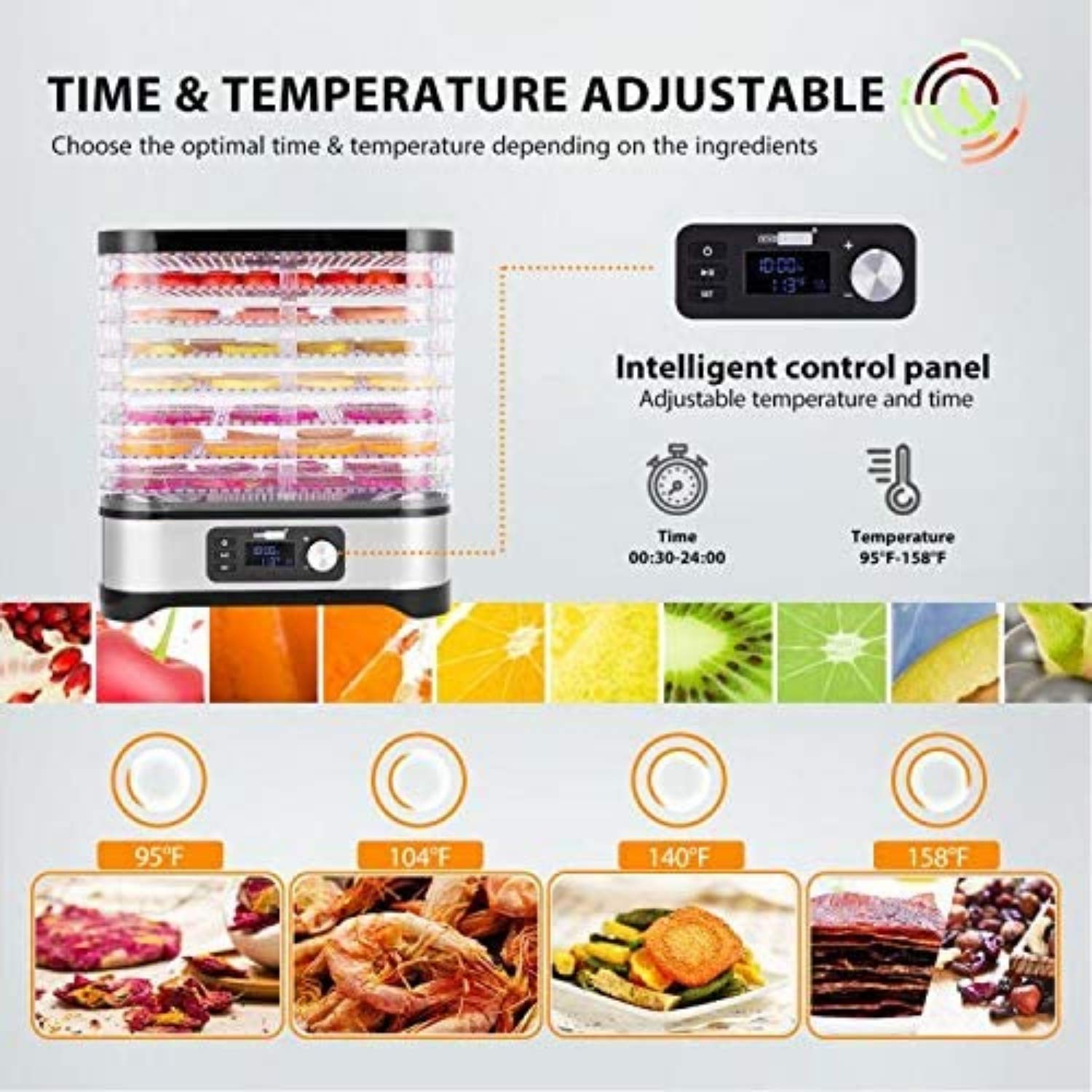 COOCHEER Dörrautomat Dehydrator Dörrapparat mit Temperaturregelung, 8 Etagen abnehmbare Dörrgerät, Temperaturregelung 35-70℃ für Fleisch, Fleisch, Früchte, Gemüse und Nüsse, 400W, BPA-freio