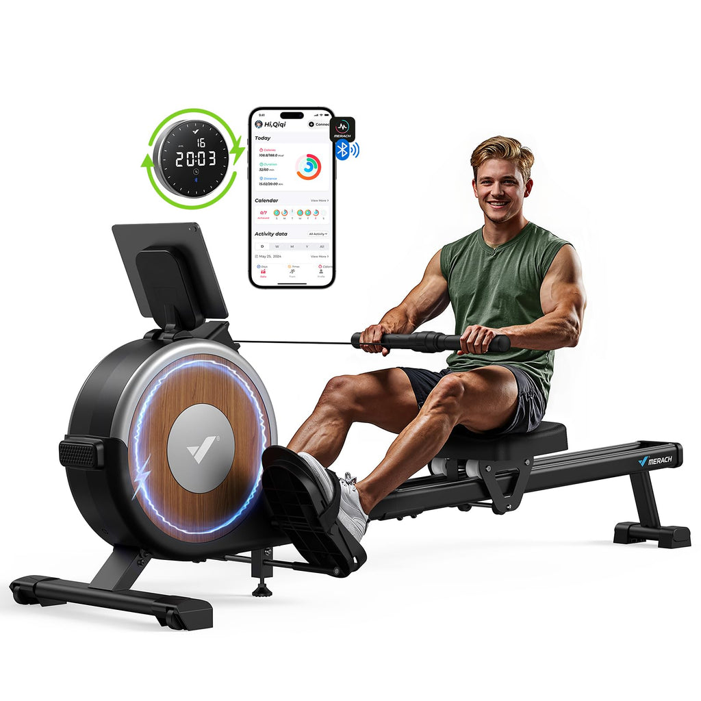 MERACH Home Rowing Machine, 16 Resistance Levels, Quiet Magnetic Rowing Machine, Connected via App, Improved Double Rails for More Stability, Easy Assembly (Grey)