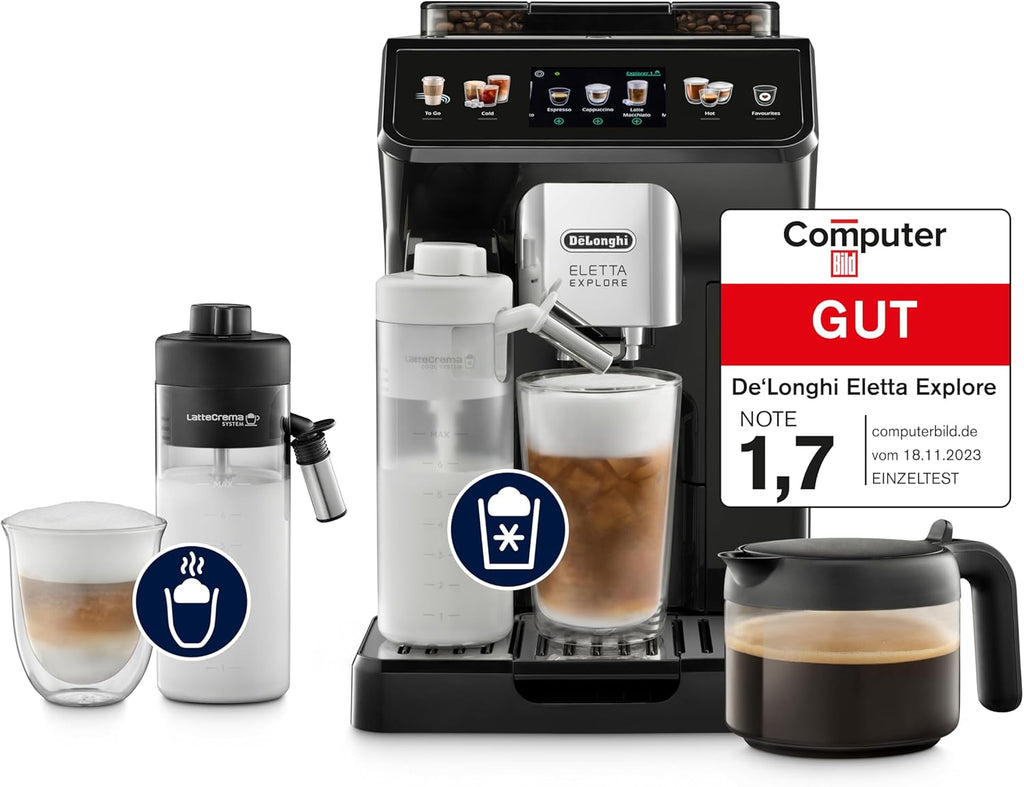 De'Longhi Eletta Explore - Perfetto Fully Automatic Coffee Machine with LatteCrema Milk Frother, 40 Drinks at the Touch of a Button, Coloured Touch Display, Dark Grey (ECAM452.57.G)