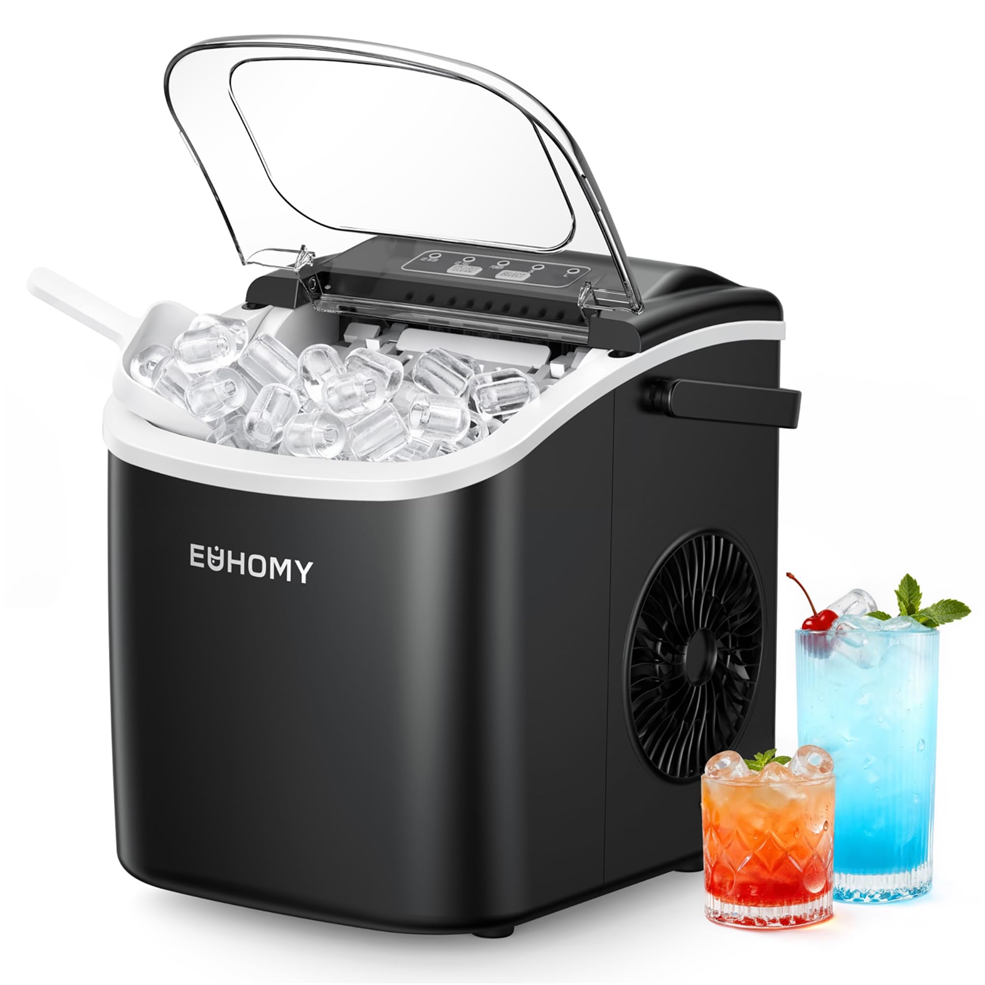 EUHOMY Small Ice Cube Machine, 9 Ice Cubes in 6 Minutes, 12 kg/24 H, Stainless Steel Ice Cube Machine with Portable Handle, Self-Cleaning Compact Ice Cube Machines for Home/Kitchen/Office/Bar