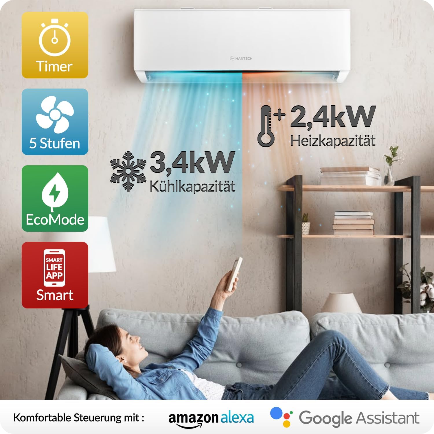 HANTECH H-PRO Split Air Conditioner 12000 BTU for Rooms up to 45 m² as a Complete Set with Copper Lines - Air-to-Air Heat Pump Technology - Smart Home Compatible, WiFi - Heating, Cooling, Dehumidifying