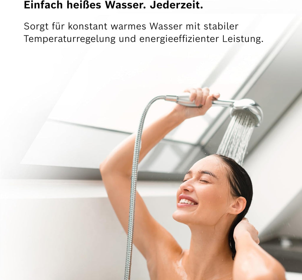 Bosch Tronic Line Electronically Controlled Instantaneous Water Heater 15/18/21 kW - Switchable, Pressure-Resistant, Continuous Temperature Selection, Modern Glass Look, White [Energy Class A]