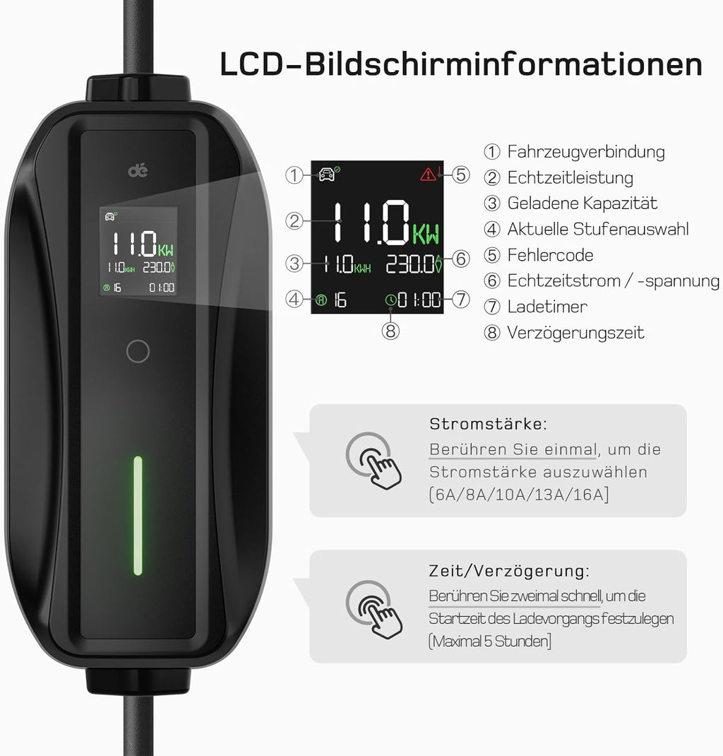 dé Mobile Wallbox/Charging Station 11 kW [3-Phase | 7 m | 6-16 A] with Adjustable Charging Power, Charging Cable CEE 16A to Type 2 and EV Charger for Model Y/3, ID.3/4/5, MG4, EX30, e-up, e-tron, Zoe and Other EV