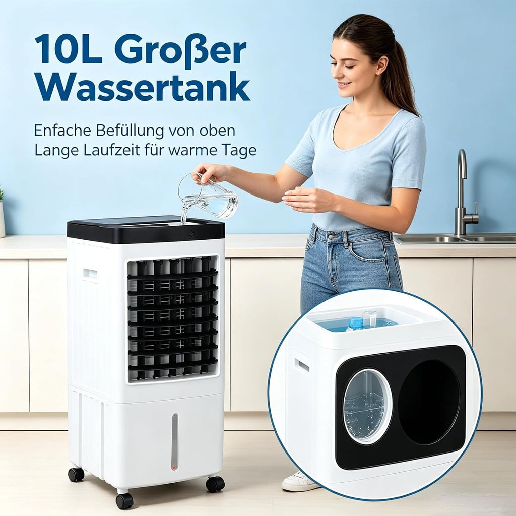 VINGVO Air Cooler Without Exhaust Hose 10 L, 65 W Mobile Air Conditioner with Water Cooling, 3 Levels Remote Control Timer, Air Cooler for Home, Office, Bedroom, Air Conditioner Mobile with Ice Pack