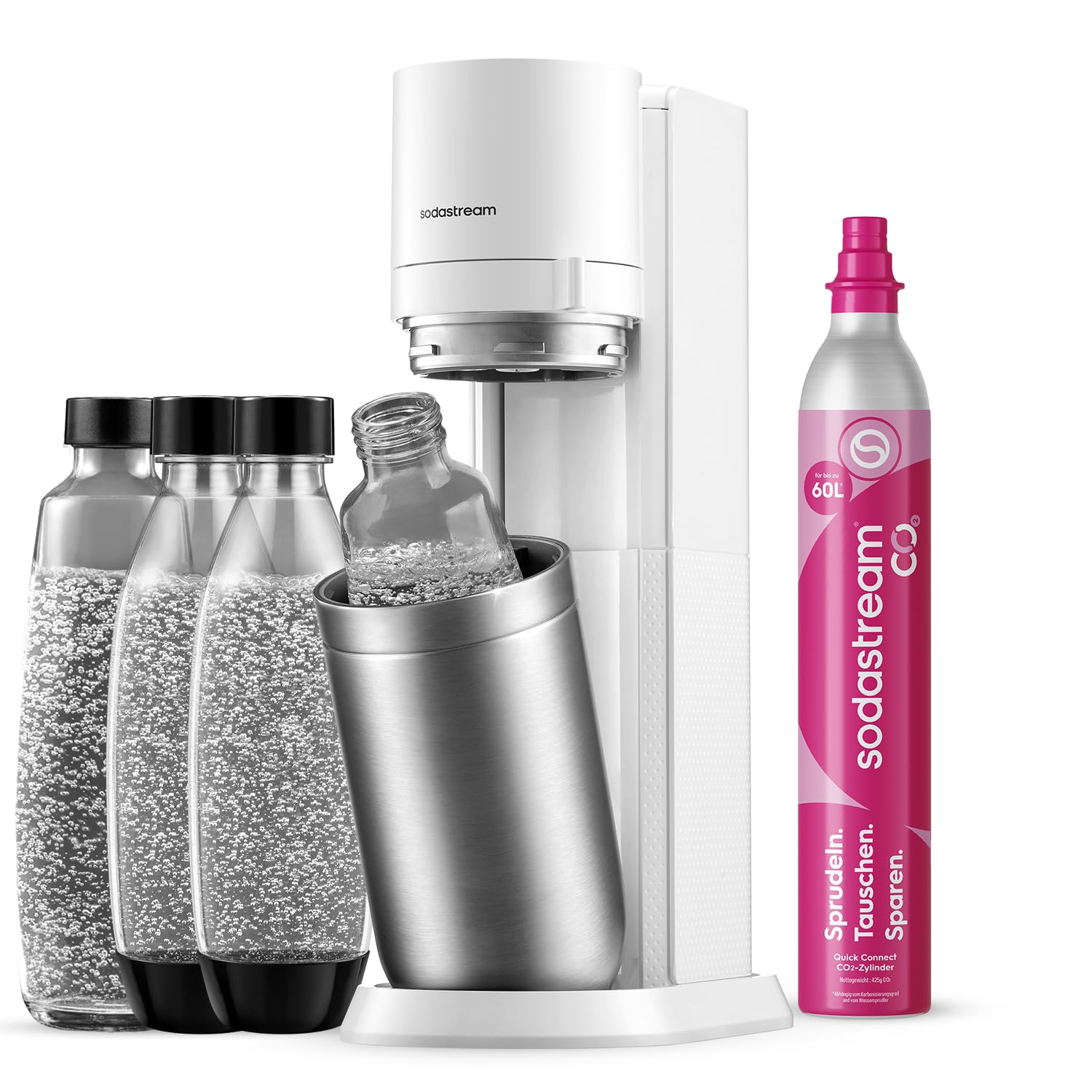 SodaStream Duo Sparkling Water Maker with CO2 Cylinder, 2x 1 Litre Class Bottles and 2x 1 Litre Dishwasher-Safe Plastic Bottles, Height: 44 cm, Colour: Titanium.
