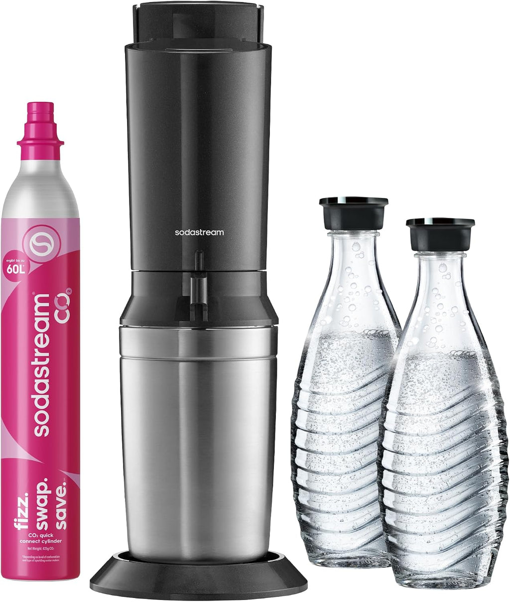 SodaStream Crystal 3.0 Wassersprudler mit 1x Quick-Connect CO2-Zylinder und 2X Glaskaraffen, Silber, Schwarz, Titan, 45 cm