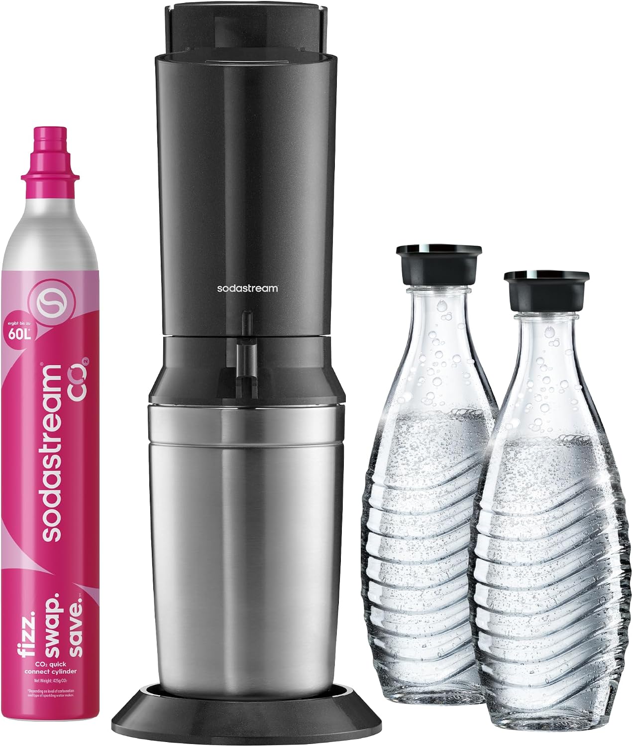 SodaStream Crystal 3.0 Wassersprudler mit 1x Quick-Connect CO2-Zylinder und 2X Glaskaraffen, Silber, Schwarz, Titan, 45 cm