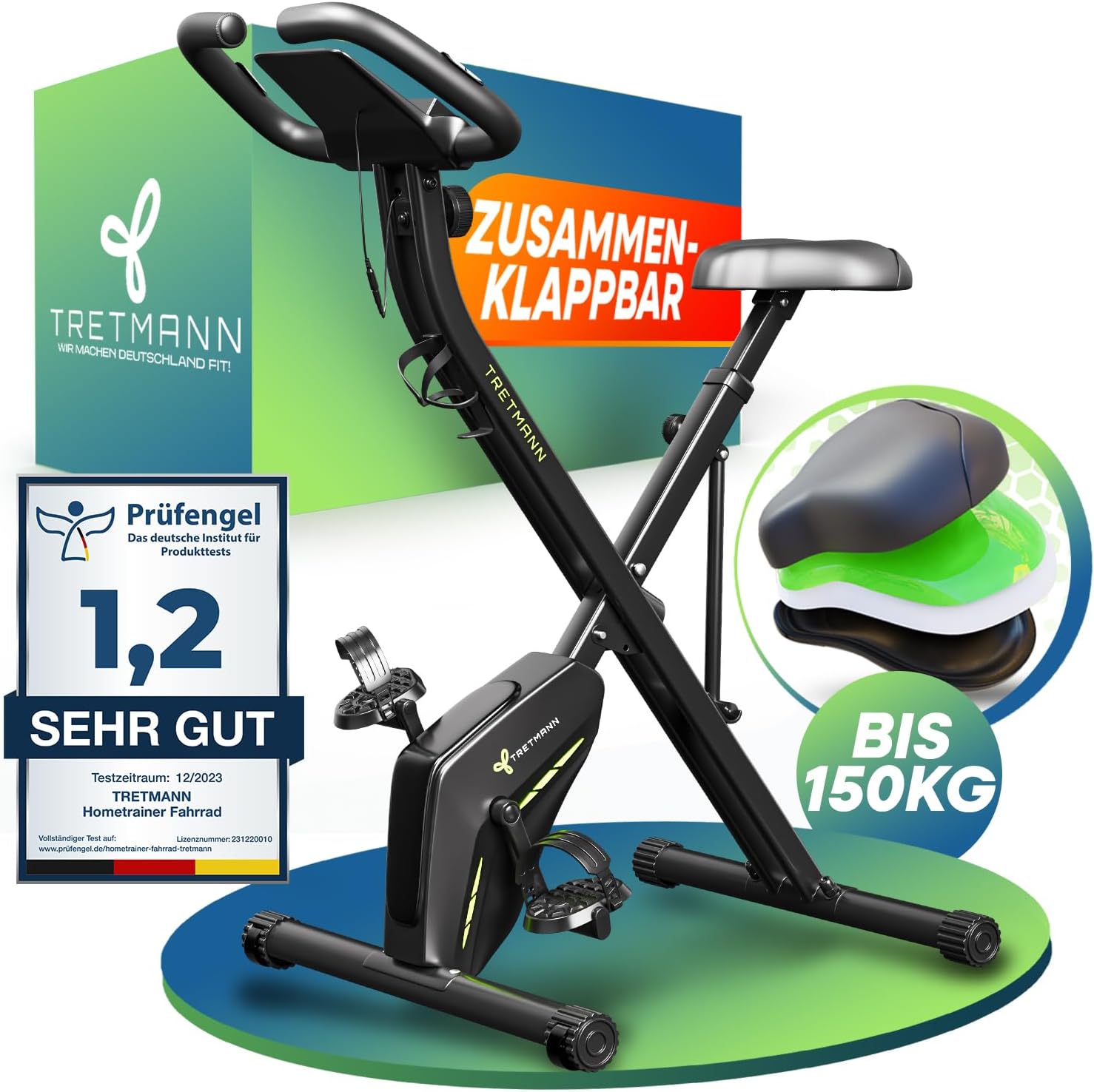 Tretmann Home Trainer Bicycle Folding Set Extra Comfortable & Quiet RelaxFoam up to 150 kg Load Capacity Ergometer, Exercise Bike, Ergometer Exercise Bike Seniors, Fitness Bikes