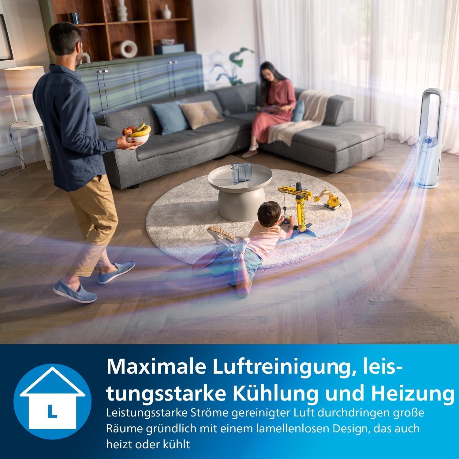 PHILIPS Air Performer 2-in-1: Luftreiniger und Kühlgebläse - Reinigt 70 m², Entfernt 99,97% der Allergene und Schadstoffe. HEPA-Filter, Intelligente Sensoren, Alexa, App. (AMF765/10)