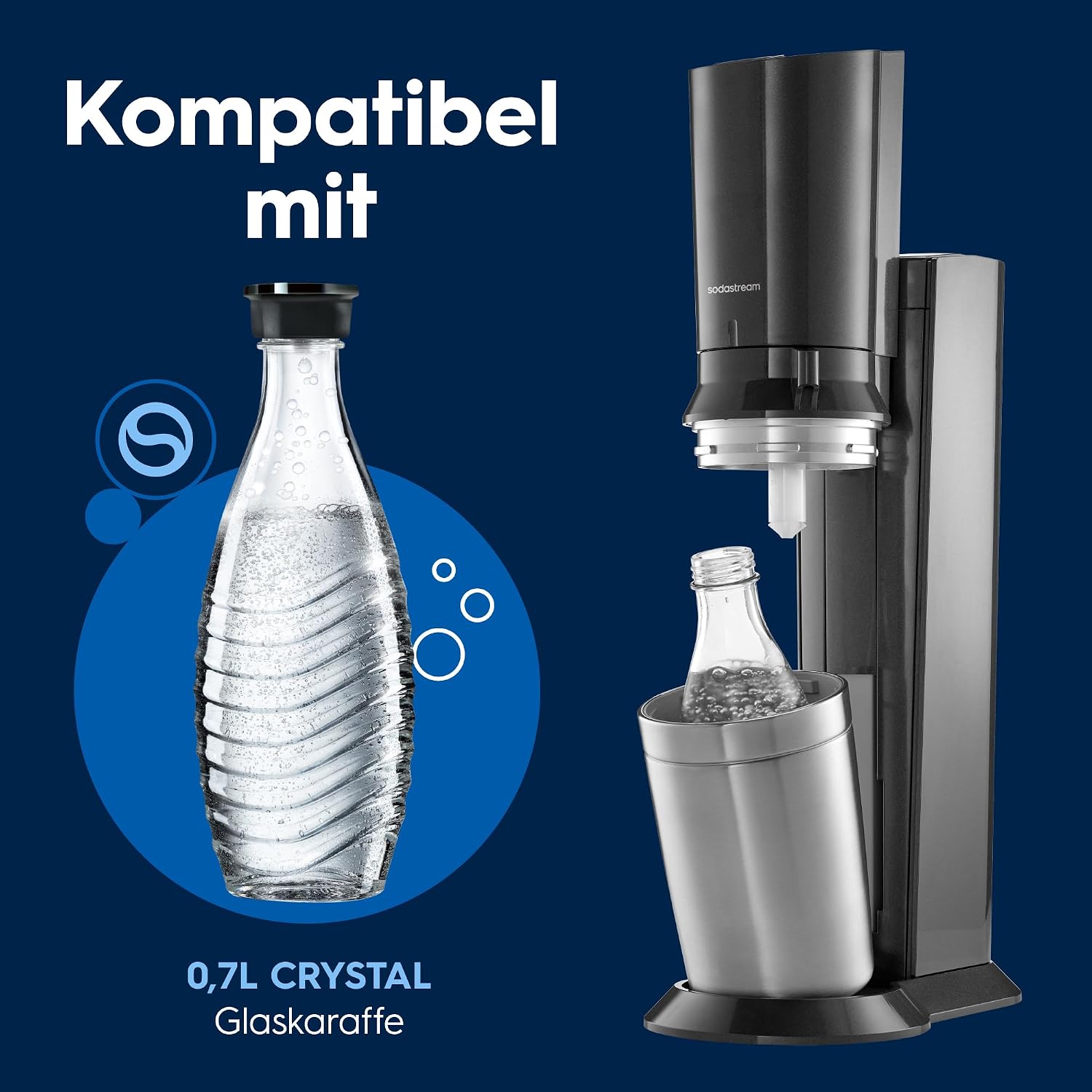 SodaStream Crystal 3.0 Wassersprudler mit 1x Quick-Connect CO2-Zylinder und 2X Glaskaraffen, Silber, Schwarz, Titan, 45 cm