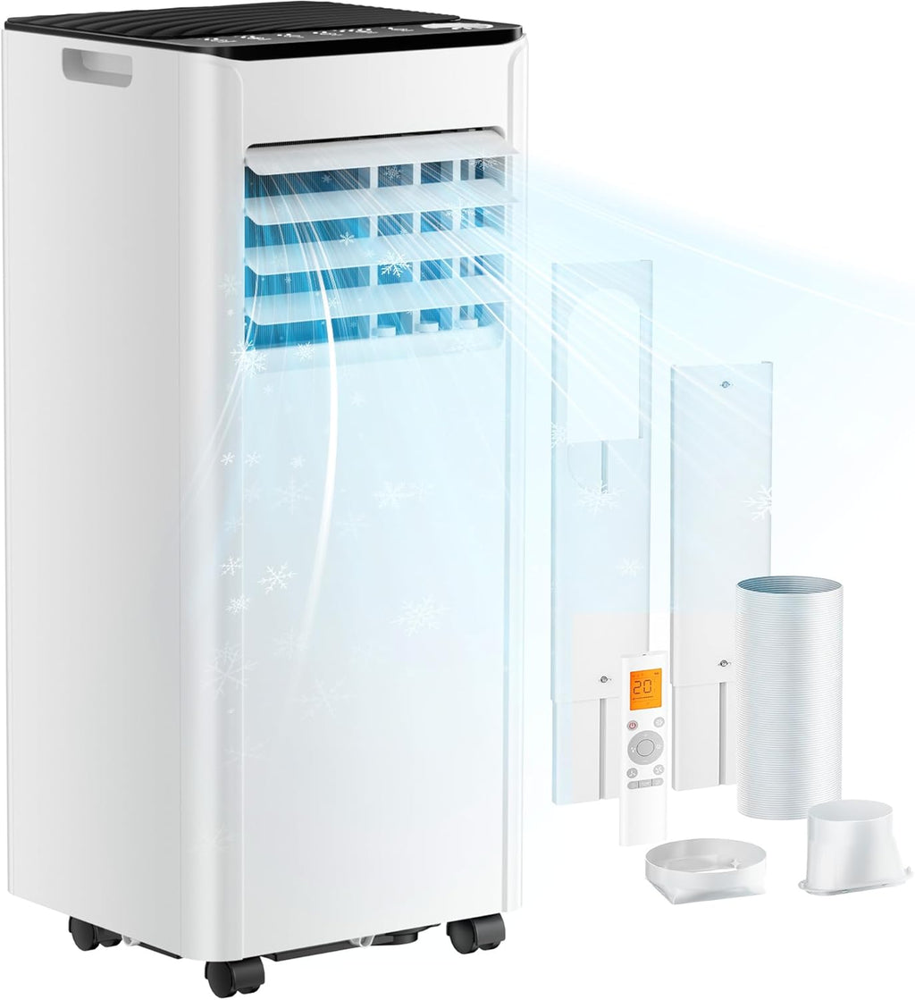 Mobile Air Conditioner 9000 BTU with Exhaust Hose, 4-in-1 Mobile Air Conditioner, Quiet Operation, Digital Display + Remote Control, Window Installation Set, 24-Hour Timer, For Rooms up to 25 m²