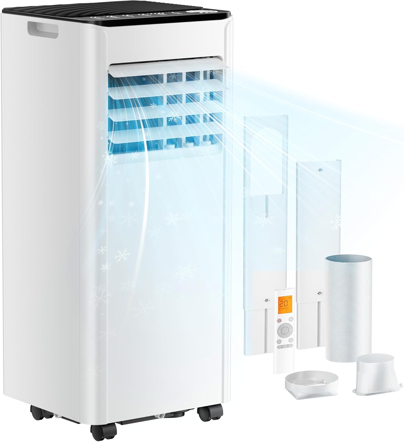 Mobile Air Conditioner 9000 BTU with Exhaust Hose, 4-in-1 Mobile Air Conditioner, Quiet Operation, Digital Display + Remote Control, Window Installation Set, 24-Hour Timer, For Rooms up to 25 m²