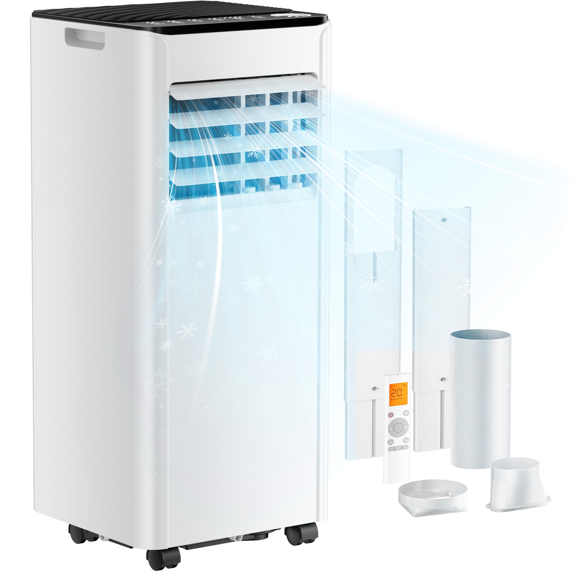 Mobile Air Conditioner 9000 BTU with Exhaust Hose, 4-in-1 Mobile Air Conditioner, Quiet Operation, Digital Display + Remote Control, Window Installation Set, 24-Hour Timer, For Rooms up to 25 m²