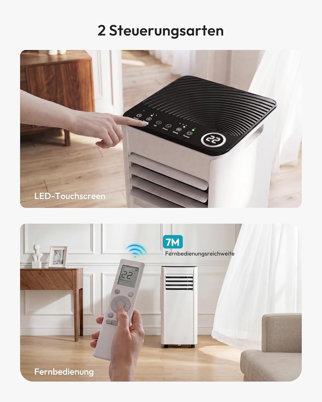 Mobile Air Conditioner 9000 BTU with Exhaust Hose, 4-in-1 Mobile Air Conditioner, Quiet Operation, Digital Display + Remote Control, Window Installation Set, 24-Hour Timer, For Rooms up to 25 m²