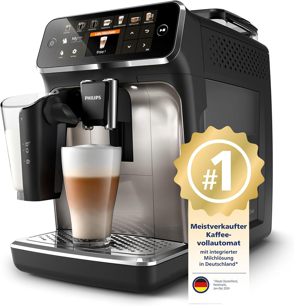 PHILIPS LatteGo Series 5400 Fully Automatic Coffee Machine, 12 Drinks, Milk Frother, Touch Screen, 4 Profiles, Chrome Finish (EP5447/90)