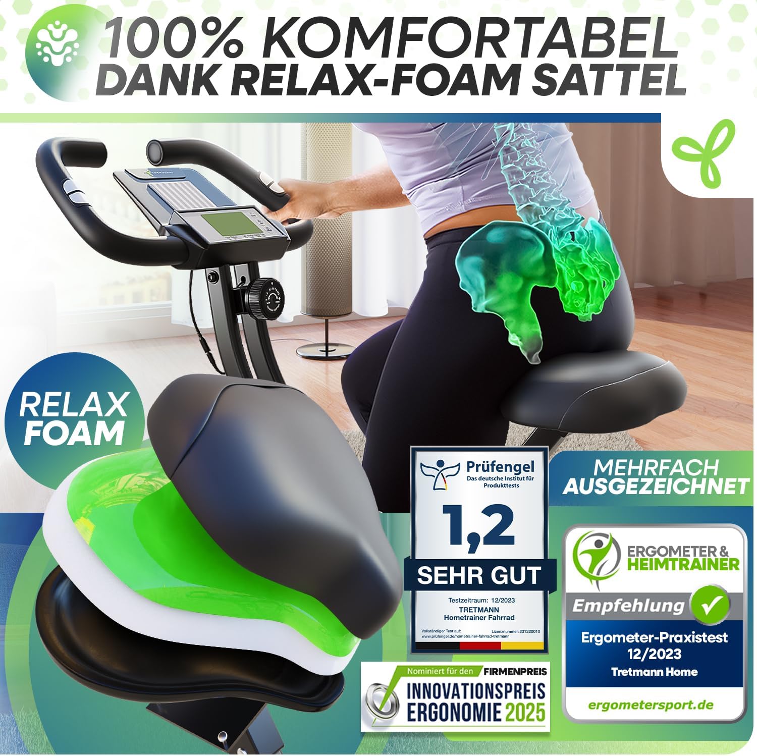 Tretmann Home Trainer Bicycle Folding Set Extra Comfortable & Quiet RelaxFoam up to 150 kg Load Capacity Ergometer, Exercise Bike, Ergometer Exercise Bike Seniors, Fitness Bikes