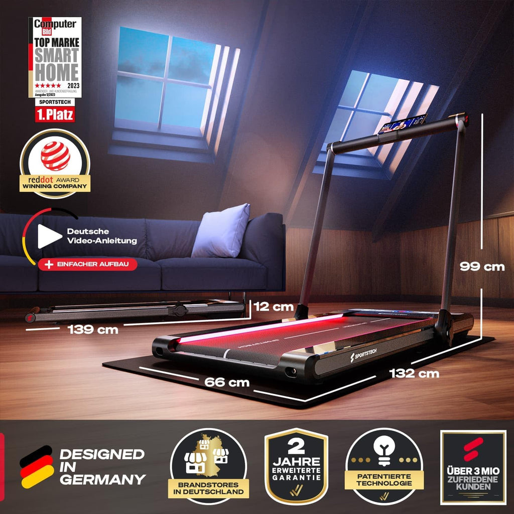 Sportstech Klappbares LED‑Laufband: Walking Pad mit Bluetooth‑App-i