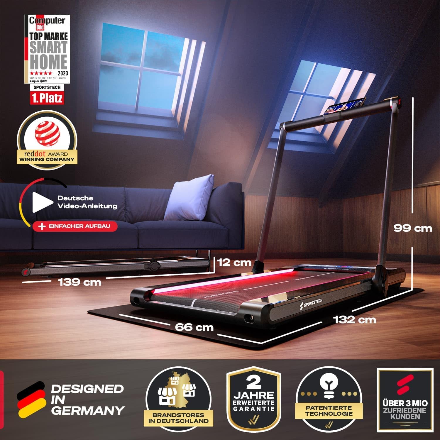Sportstech Klappbares LED‑Laufband: Walking Pad mit Bluetooth‑App-i