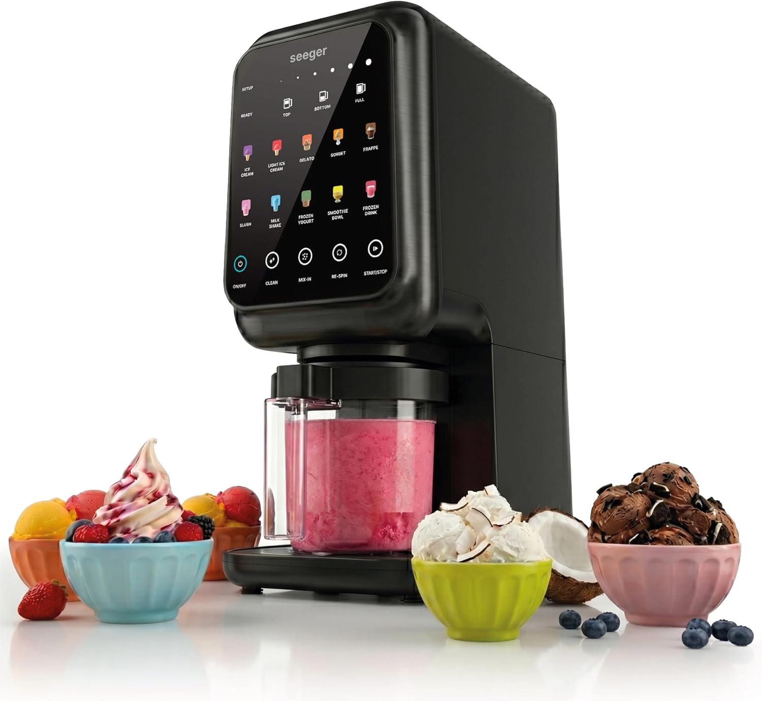 Seeger MultiCream Ice Cream Maker, 1.5 L, 10 Functions for Ice, Sorbet, Gelato, Milkshakes, Slushi & Frozen Yogurt, Mix-In Function, Includes 3 Containers, Touch Screen, BPA-Free, 800 W