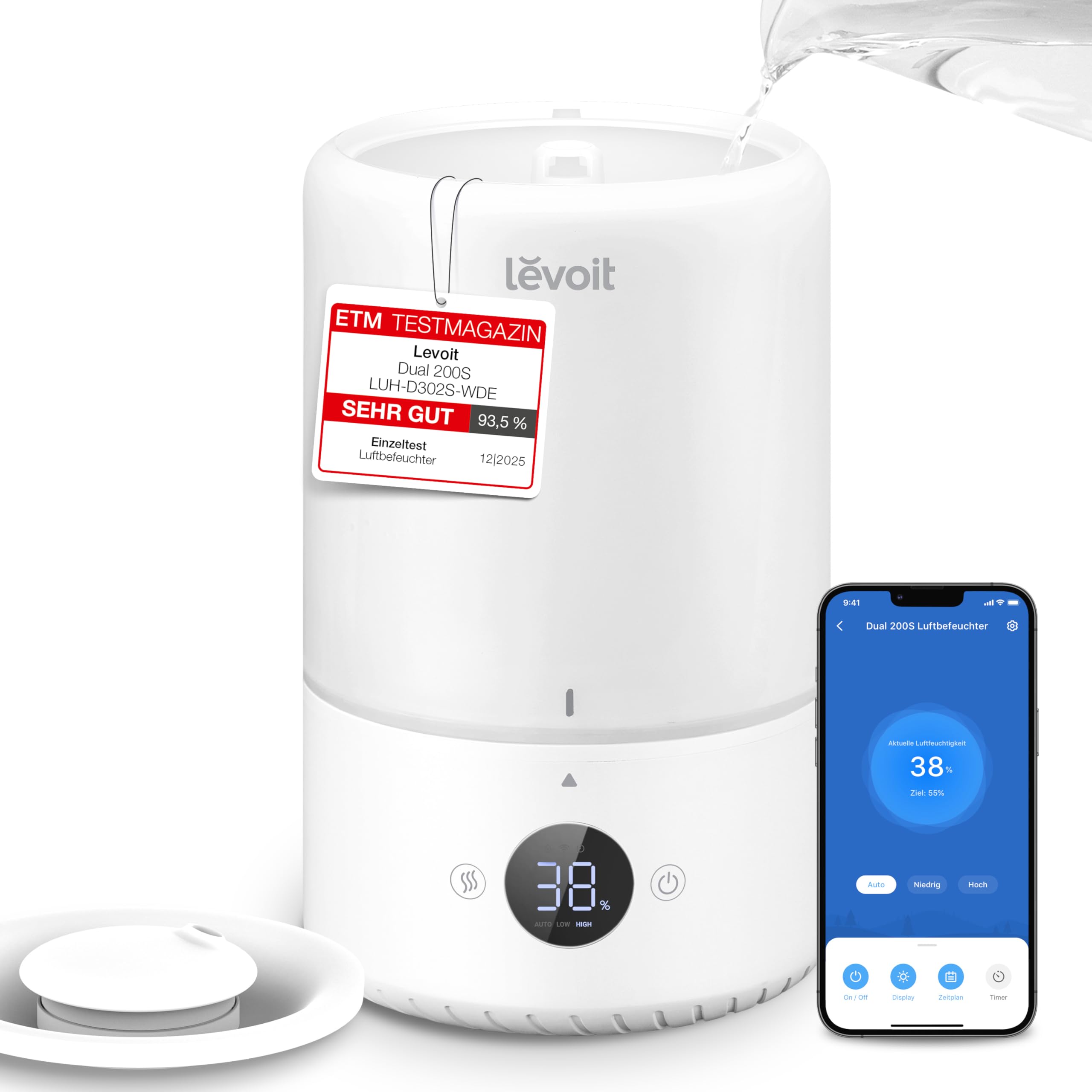 Levoit Smart Luftbefeuchter für große Räume, Top-Fill Humidifier, Warm&Kalter Nebel max 550 ml/h, bis 40㎡, leise Raumbefeuchter mit Nachtlicht für Pflanzen, Auto Shut-off, 4,5 L, Mondweiß