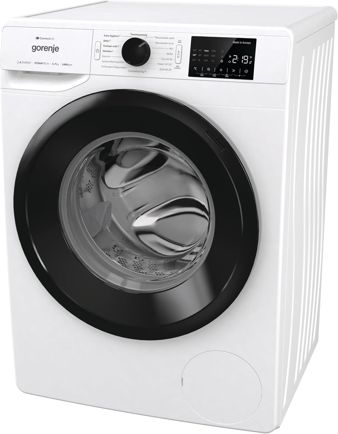 Gorenje WPNEI74A1TS Waschmachine mit Dampffunktion/ConnectLife / 7Kg / 1400 U/min / 15 Programme/Totaler AquaStop/WaveActive Trommel/ExtraHygiene/PowerWash/Schnell Waschgang/Weiß/EEK: A-10%