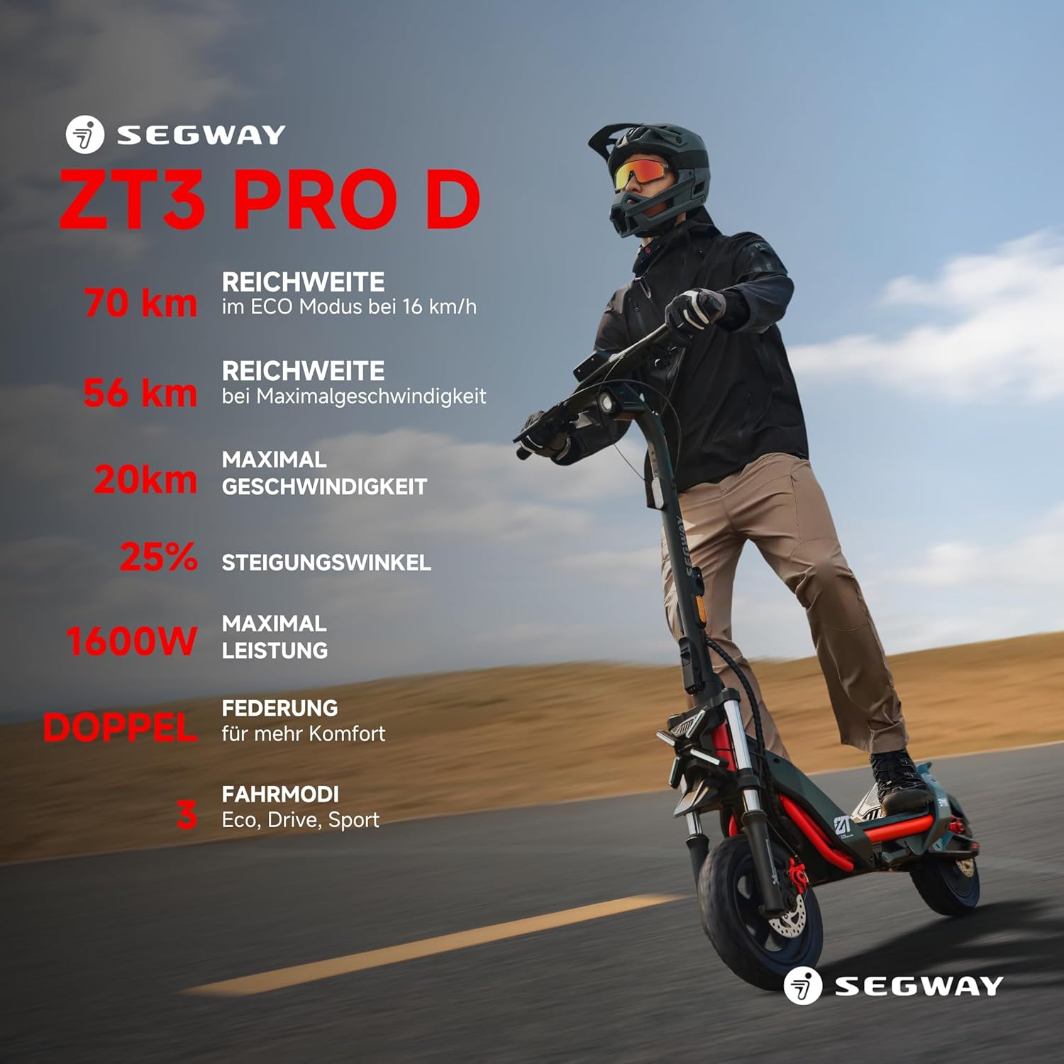 Segway ZT3 Pro D, E-Scooter mit Deutscher Straßenzulassung, 70 km Eco Modus Reichweite, 56km im Sport Modus, Vollfederung, 120 kg Tragkraft, 25% Steigung, Offroad-Reifen, Apple Find My, wasserfest