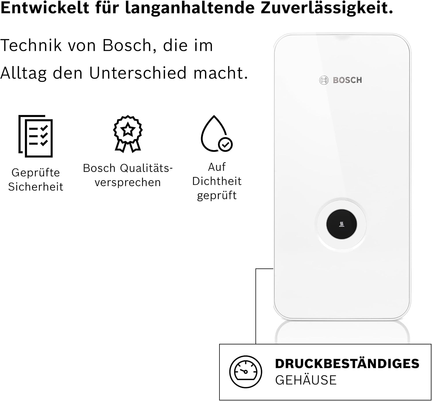 Bosch Tronic Line Electronically Controlled Instantaneous Water Heater 15/18/21 kW - Switchable, Pressure-Resistant, Continuous Temperature Selection, Modern Glass Look, White [Energy Class A]