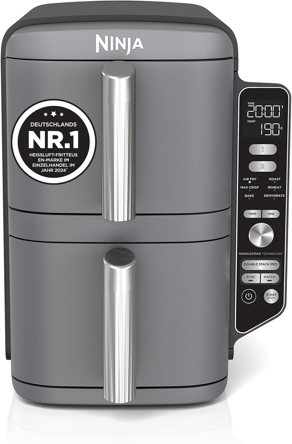 Ninja Double Stack XL Air Fryer Heißluftfritteuse, 9,5L Airfryer, Doppelkorb-Heißluftfritteuse mit 4 Kochstufen, 2 Körben, 2 Rosten, platzsparendes Design, 6 Kochfunktionen, 8 Portionen, Grau SL400EU