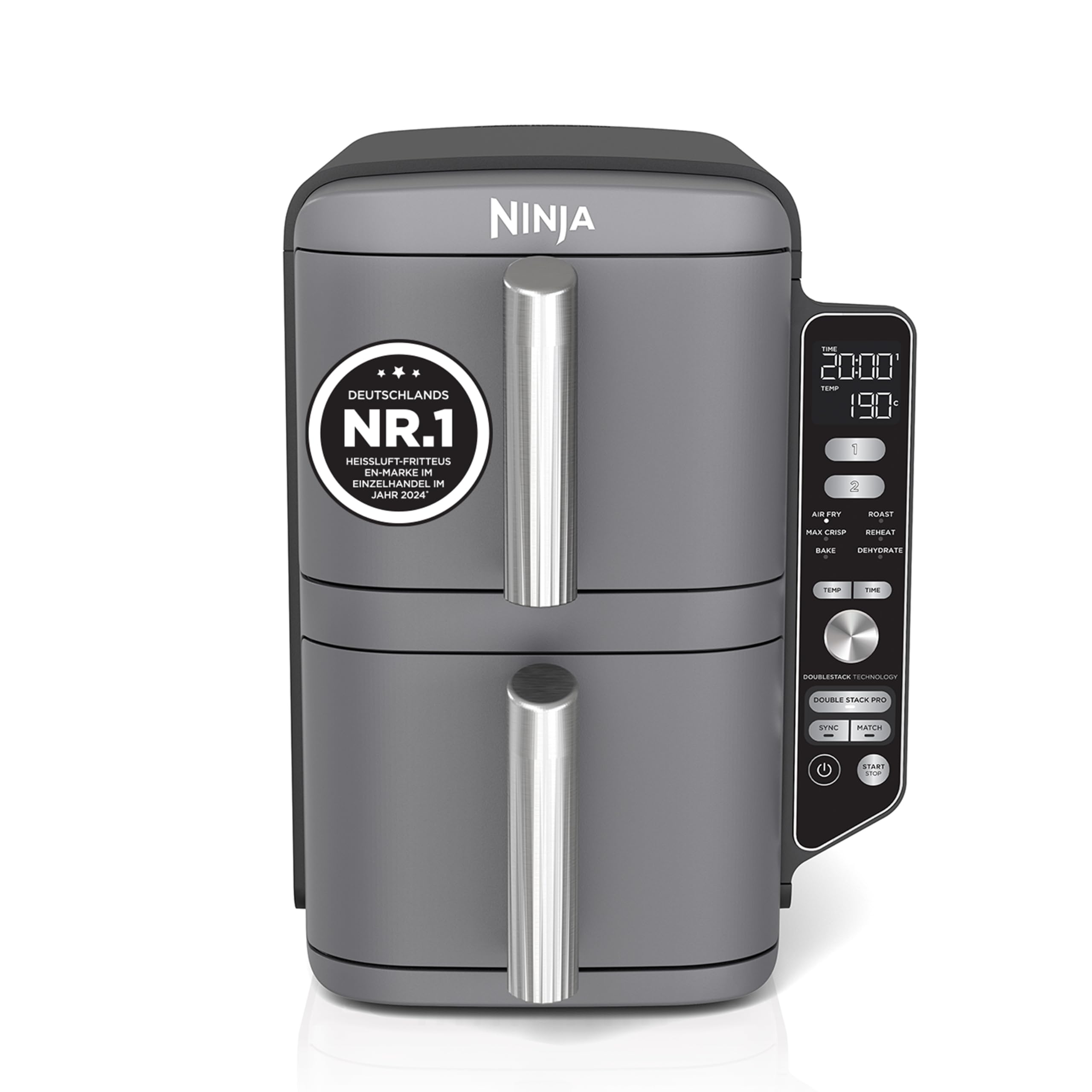 Ninja Double Stack XL Hot Air Fryer, 2 Vertical Drawers, 4 Cooking Levels, 2 Slots, Space Saving Design, 9.5L Capacity, 6 Functions, 8 Servings, Tongs, Black/Copper SL400EUCP
