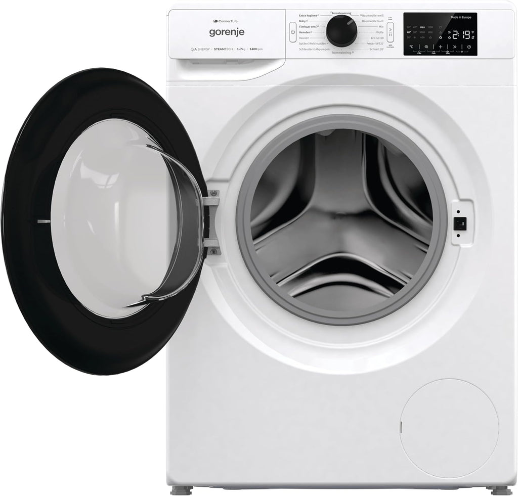 Gorenje WPNEI74A1TS Waschmachine mit Dampffunktion/ConnectLife / 7Kg / 1400 U/min / 15 Programme/Totaler AquaStop/WaveActive Trommel/ExtraHygiene/PowerWash/Schnell Waschgang/Weiß/EEK: A-10%