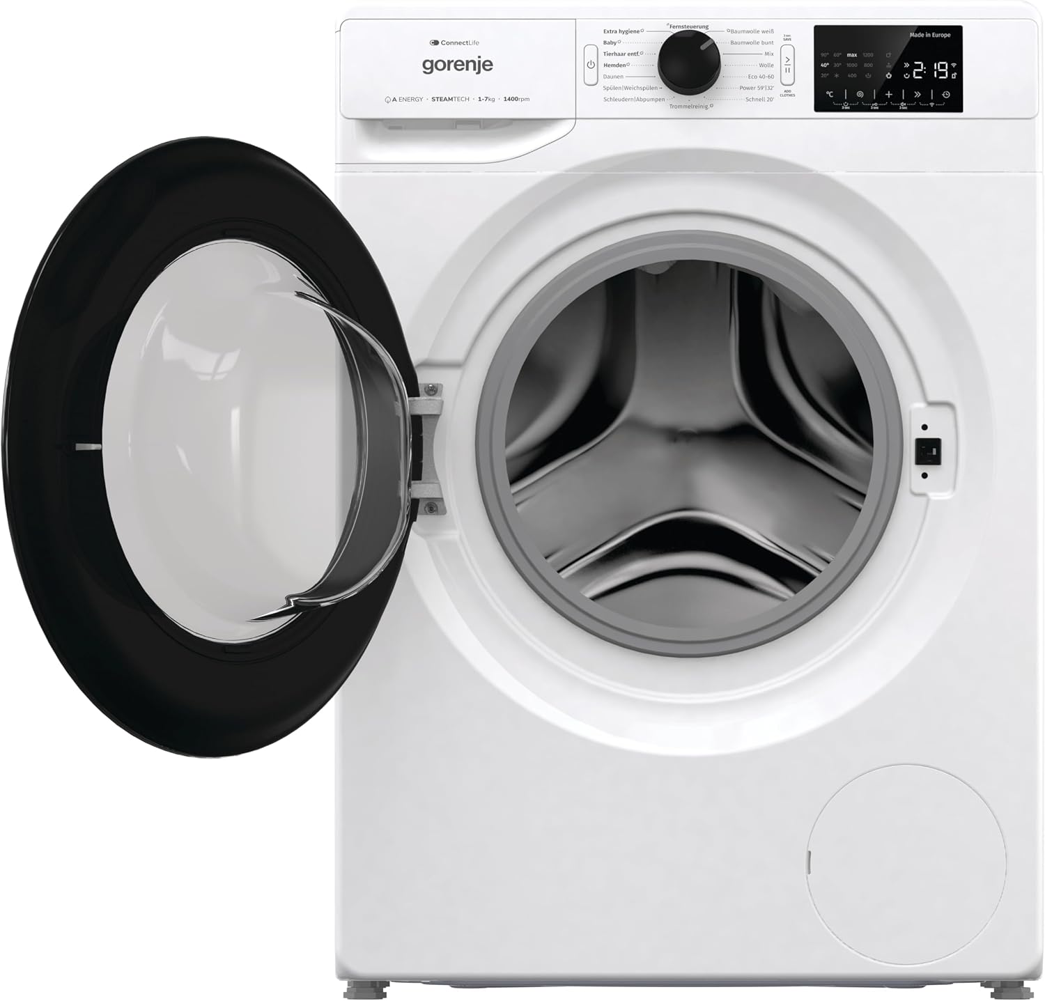 Gorenje WPNEI74A1TS Waschmachine mit Dampffunktion/ConnectLife / 7Kg / 1400 U/min / 15 Programme/Totaler AquaStop/WaveActive Trommel/ExtraHygiene/PowerWash/Schnell Waschgang/Weiß/EEK: A-10%