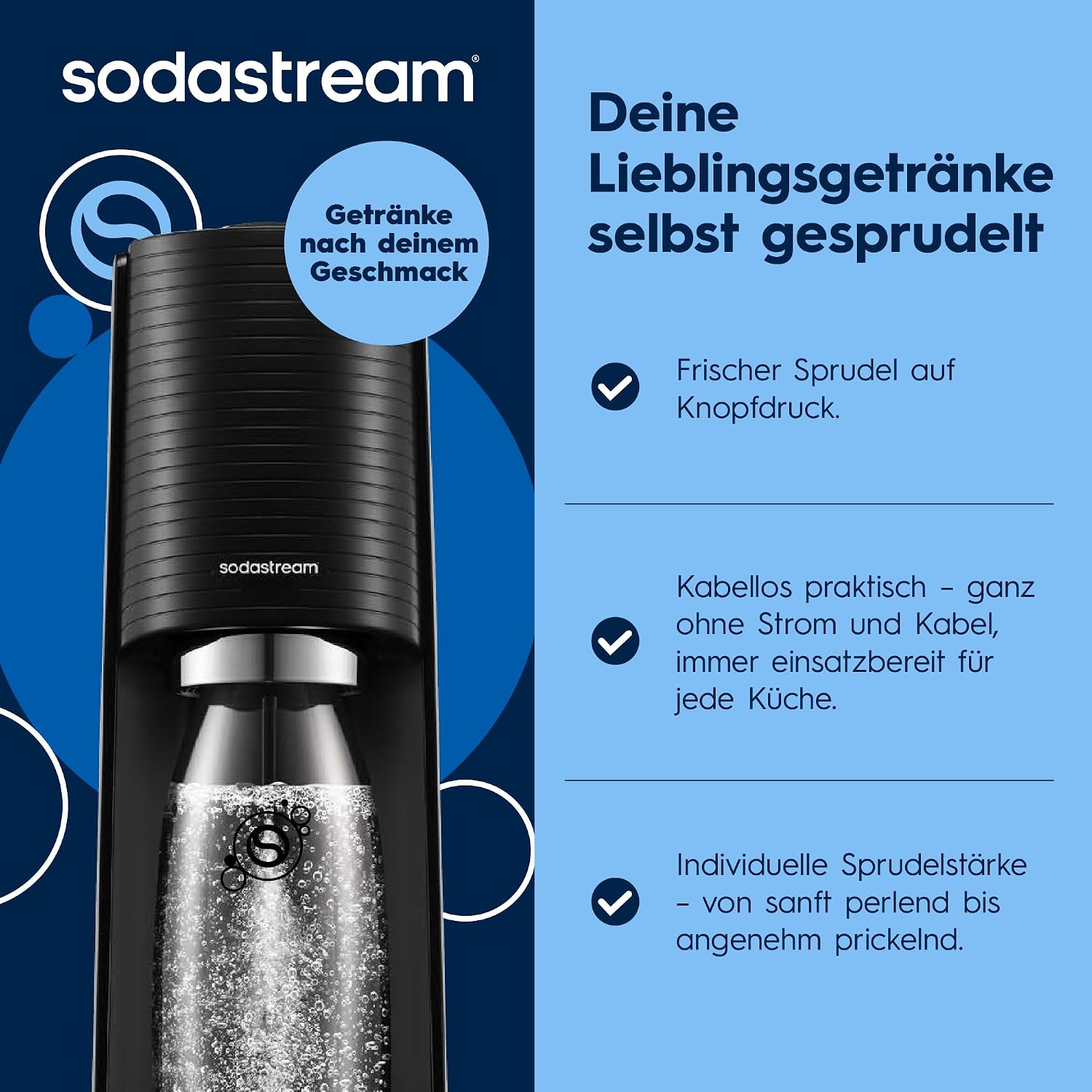 SodaStream TERRA Promopack Water Carbonator with CO2 Cylinder and 3 x 1 L Dishwasher-Safe Plastic Bottles, Height 44 cm, Black
