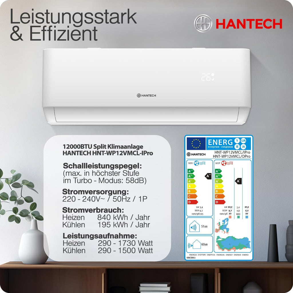 HANTECH H-PRO Split Air Conditioner 12000 BTU for Rooms up to 45 m² as a Complete Set with Copper Lines - Air-to-Air Heat Pump Technology - Smart Home Compatible, WiFi - Heating, Cooling, Dehumidifying