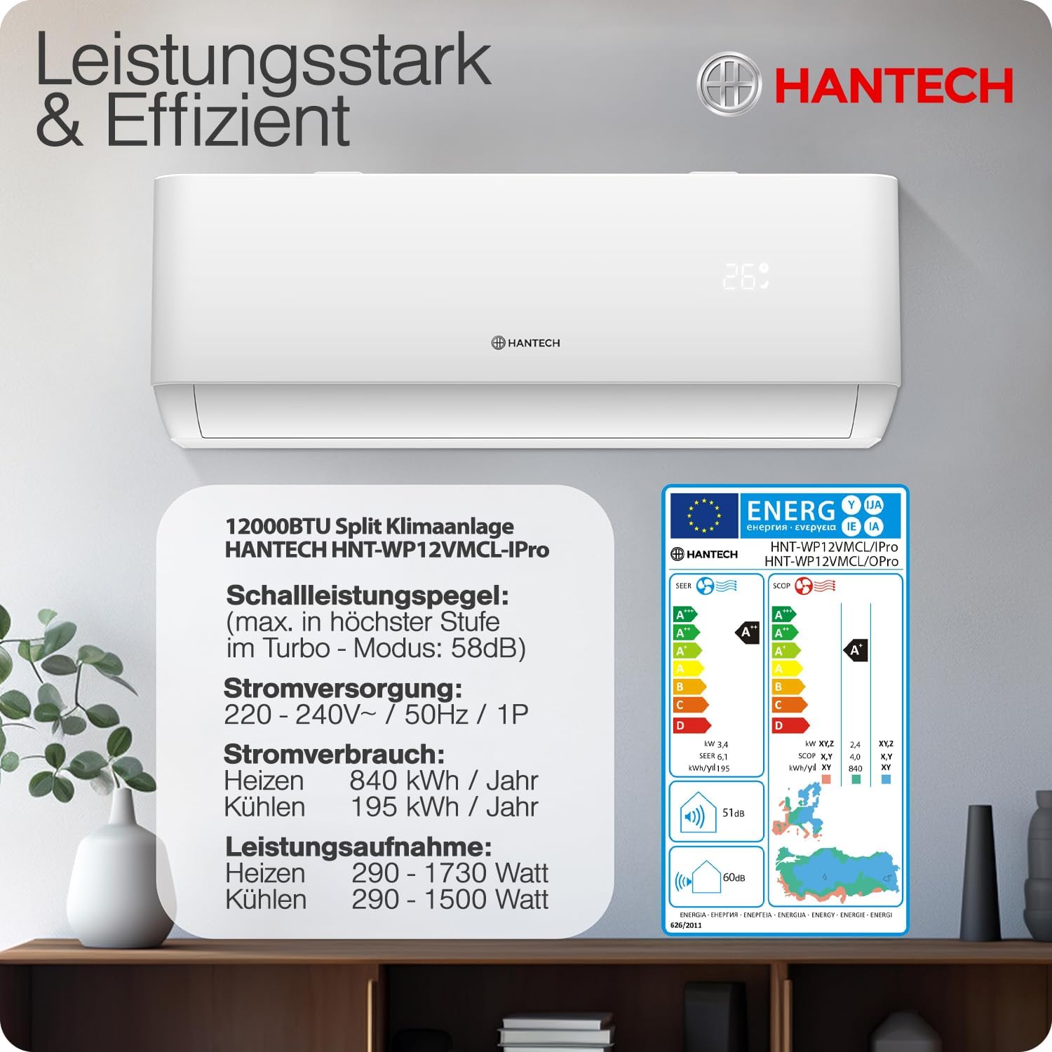 HANTECH H-PRO Split Air Conditioner 12000 BTU for Rooms up to 45 m² as a Complete Set with Copper Lines - Air-to-Air Heat Pump Technology - Smart Home Compatible, WiFi - Heating, Cooling, Dehumidifying