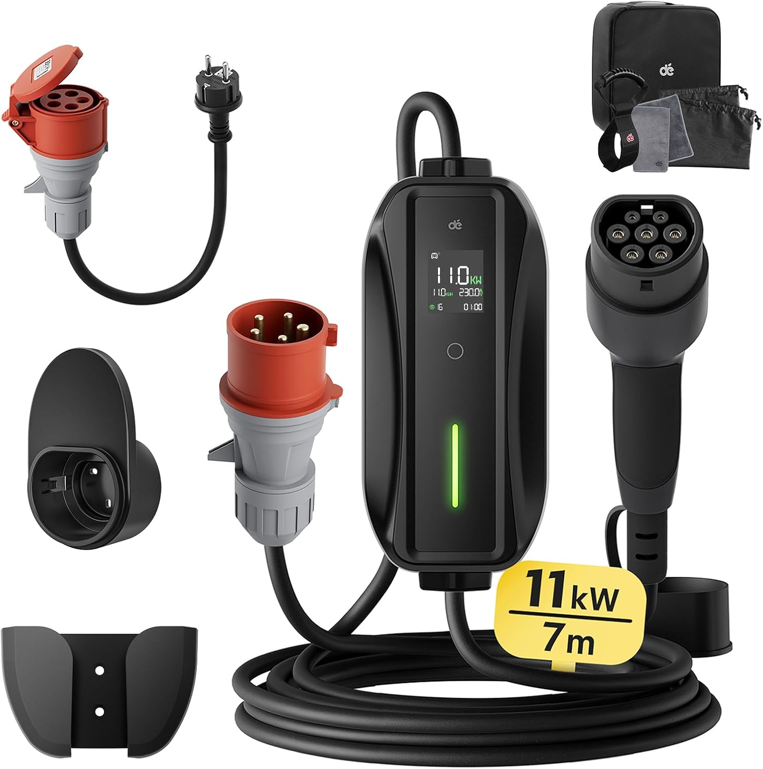 dé Mobile Wallbox/Charging Station 11 kW [3-Phase | 7 m | 6-16 A] with Adjustable Charging Power, Charging Cable CEE 16A to Type 2 and EV Charger for Model Y/3, ID.3/4/5, MG4, EX30, e-up, e-tron, Zoe and Other EV