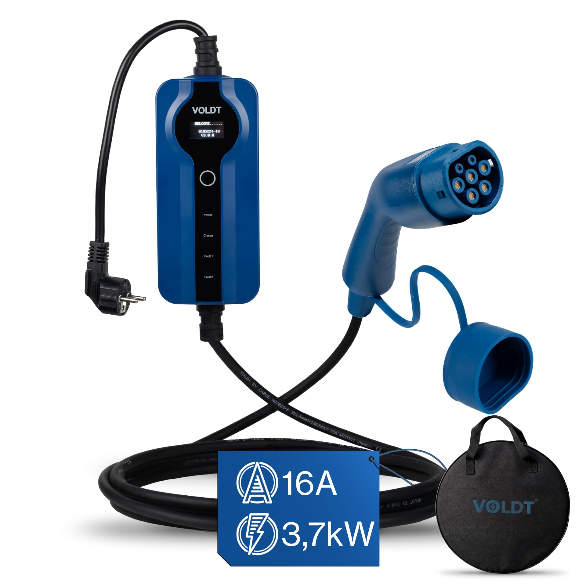 VOLDT Type 2 Charging Cable Schuko 3.7 kW, 1-Phase, 8A - 16A, Adjustable EV Charger with Controllable Digital Display for Electric Car, Charging Cable for Electric Vehicles, IP67 Waterproof (Length 5)