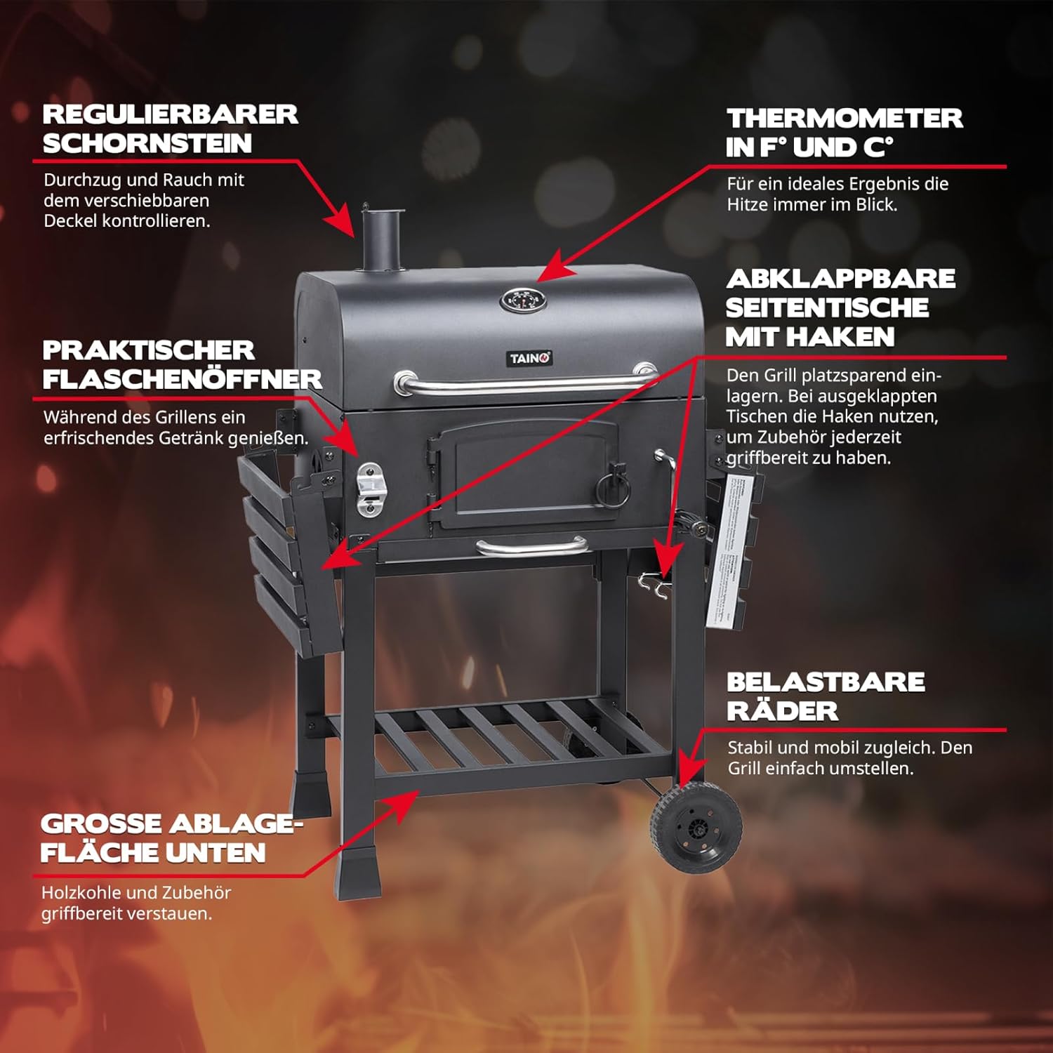 TAINO Hero XL BBQ Smoker Barbecue Trolley Charcoal Grill Fire Stand Grill Smoker Oven Accessories Cast Iron