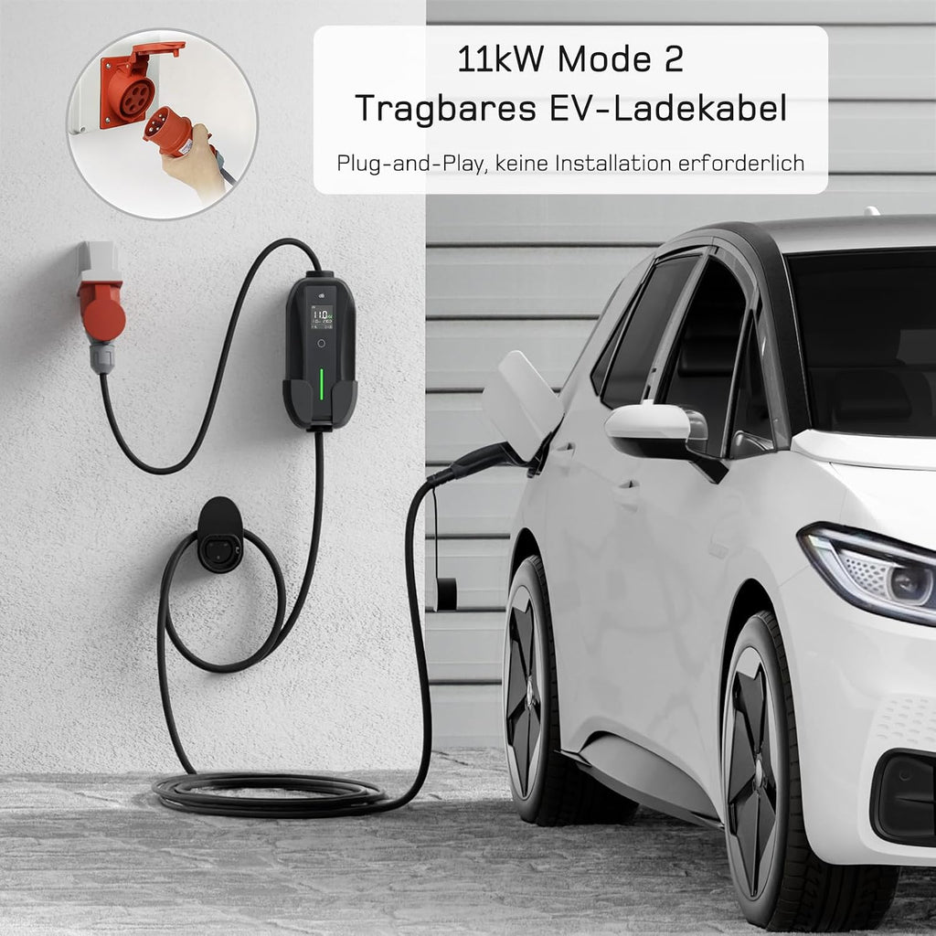 dé Mobile Wallbox/Charging Station 11 kW [3-Phase | 7 m | 6-16 A] with Adjustable Charging Power, Charging Cable CEE 16A to Type 2 and EV Charger for Model Y/3, ID.3/4/5, MG4, EX30, e-up, e-tron, Zoe and Other EV