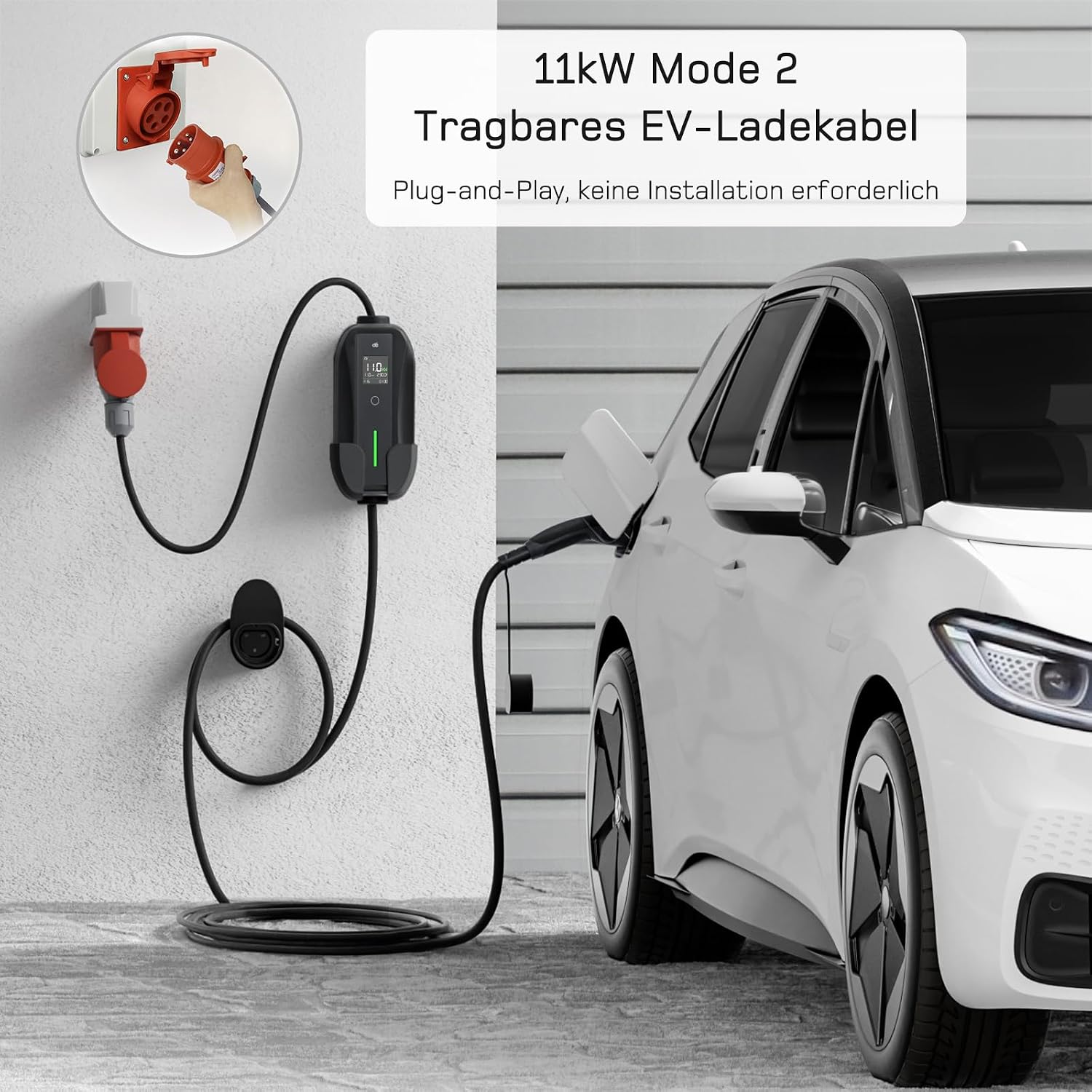 dé Mobile Wallbox/Charging Station 11 kW [3-Phase | 7 m | 6-16 A] with Adjustable Charging Power, Charging Cable CEE 16A to Type 2 and EV Charger for Model Y/3, ID.3/4/5, MG4, EX30, e-up, e-tron, Zoe and Other EV