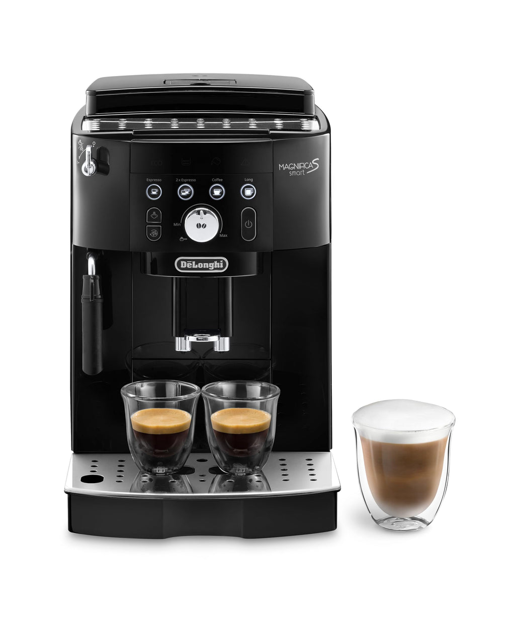 De'Longhi Magnifica S ECAM 22.110.B fully automatic coffee machine with milk frother for cappuccino, with espresso direct selection buttons and rotary control, 2-cup function, 1.8 liter water tank, black / silver