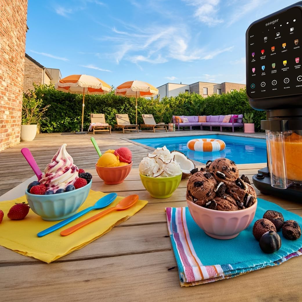 Seeger MultiCream Ice Cream Maker, 1.5 L, 10 Functions for Ice, Sorbet, Gelato, Milkshakes, Slushi & Frozen Yogurt, Mix-In Function, Includes 3 Containers, Touch Screen, BPA-Free, 800 W